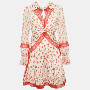 Self-Portrait White Floral Print Chiffon Lace Inserts Mini Dress S, Dresses - Luxury Closet catalog