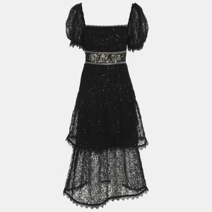Self Portrait Black Sequin Circle Lace Midi Dress M, Dresses - Luxury Closet catalog
