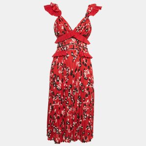 Self-Portrait Red Floral Print Plisse Ruffled Midi Dress S, Dresses - Luxury Closet catalog