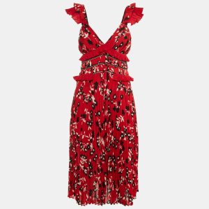 Self-Portrait Red Floral Print Crepe Ruffled Midi Dress S, Dresses - Luxury Closet catalog