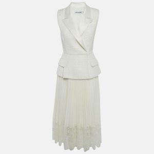 Self-Portrait Off White Tweed & Plisse Blazer Wrap Over Midi Dress S, Dresses - Luxury Closet catalog