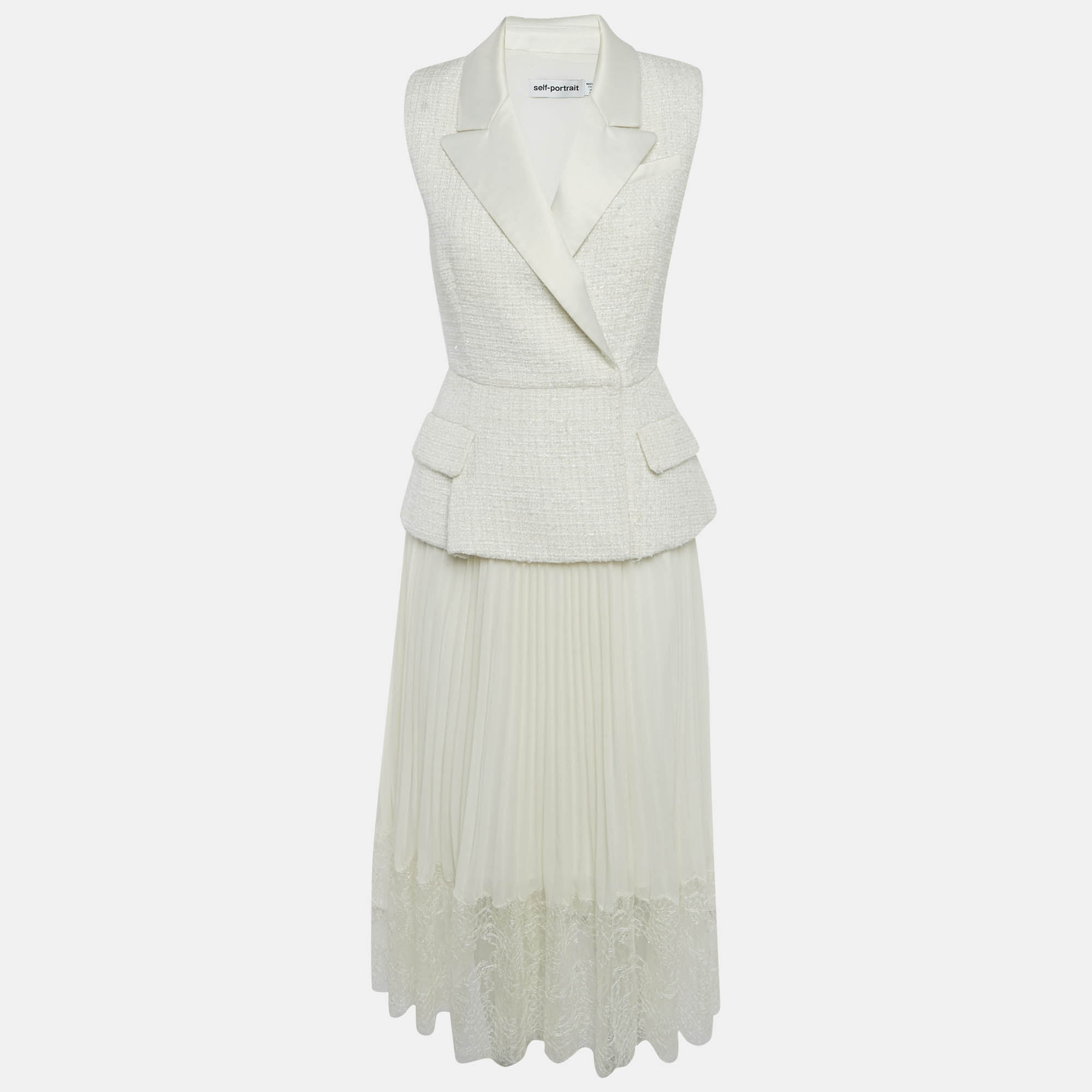 Self-Portrait Off White Tweed & Plisse Blazer Wrap Over Midi Dress S, Dresses - Luxury Closet catalog