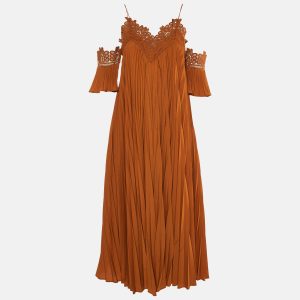 Self-Portrait Ochre Plisse Lace Trim Cold Shoulder Long Dress S, Dresses - Luxury Closet catalog