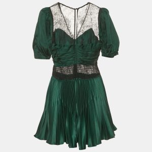 Self-Portrait Green Sateen Plisse Lace Detail Mini Dress M, Dresses - Luxury Closet catalog