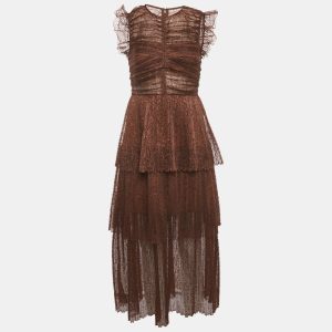 Self-Portrait Brown Lace Ruffled Midi Dress S, Dresses - Luxury Closet catalog