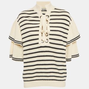 Self-Portrait Cream/Black Striped Rib Knit Lace-Up Neck Sweater L, Sweaters & Cardigans - Luxury Closet catalog