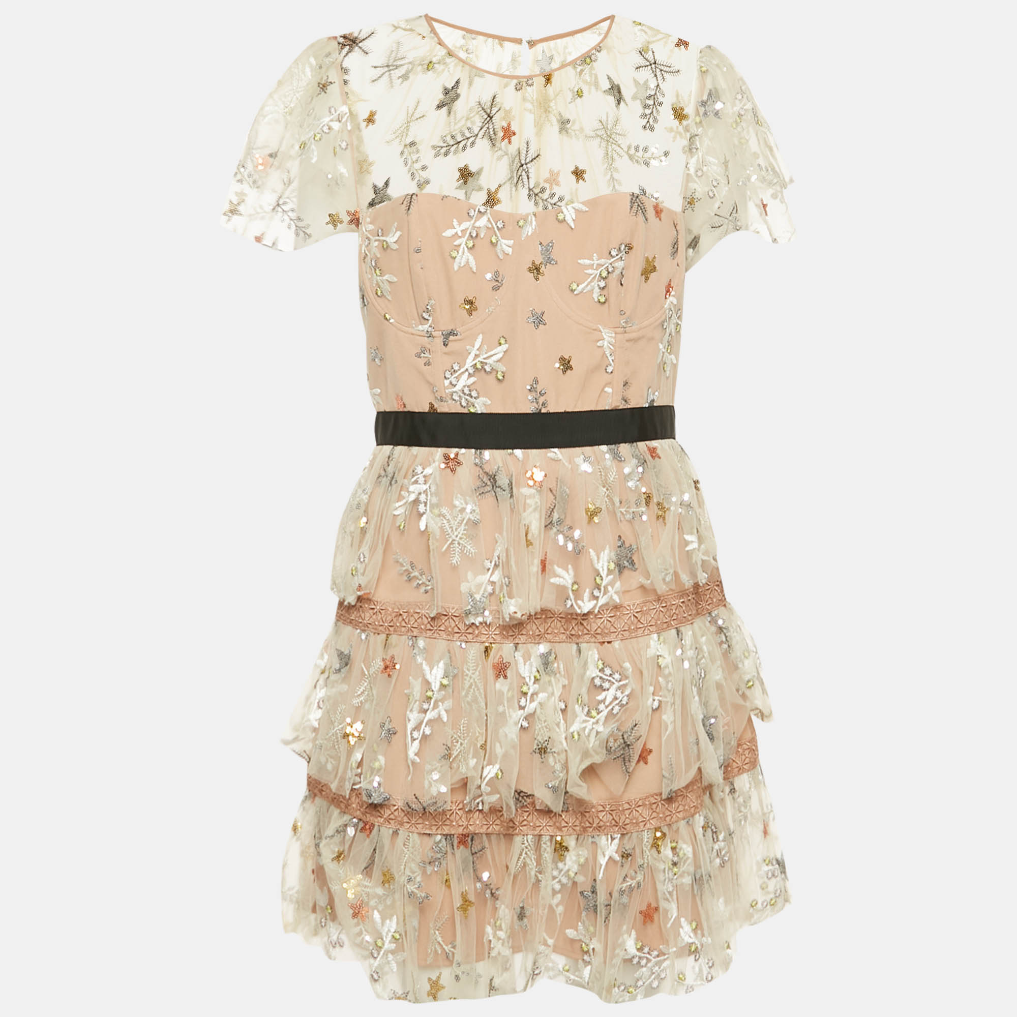 Self-Portrait Beige Star Embroidered Tulle Tiered Mini Dress L, Dresses - Luxury Closet catalog