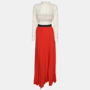 Self-Portrait White/Red Floral Lace and Pleated Crepe Maxi Dress S, Dresses - Luxury Closet catalog