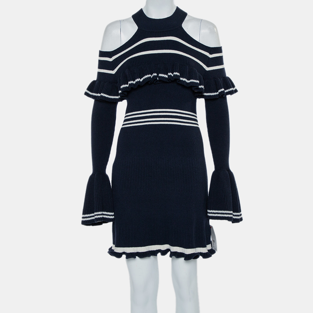 Self-Portrait Navy Blue Rib Knit Ruffled Cold Shoulder Dress M, Dresses - Luxury Closet catalog