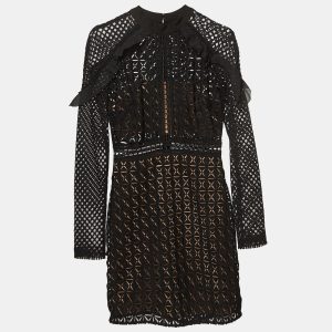 Self-Portrait Black Geometric Pattern Lace Ruffled Mini Dress S, Dresses - Luxury Closet catalog