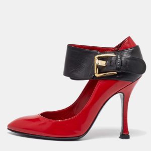 Sergio Rossi Red/Black Leather Buckle Ankle Cuff Pointed Toe Pumps Size 35.5, Pumps - Luxury Closet catalog