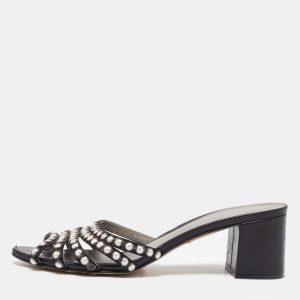 Gina Black Satin Pearl Studded Slide Sandals Size 40.5, Sandals - Luxury Closet catalog