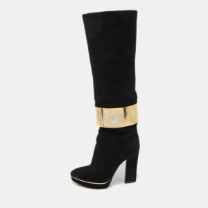 Sergio Rossi Black Suede Metal Cuff Platform Knee Length Boots Size 34.5, Boots - Luxury Closet catalog
