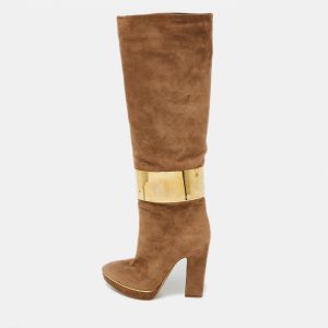 Sergio Rossi Light Brown Suede Metal Cuff Platform Knee Length Boots Size 36, Boots - Luxury Closet catalog