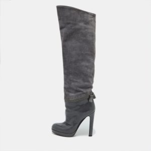Sergio Rossi Grey Suede and Snakeskin Thigh High Boots Size 35, Boots - Luxury Closet catalog