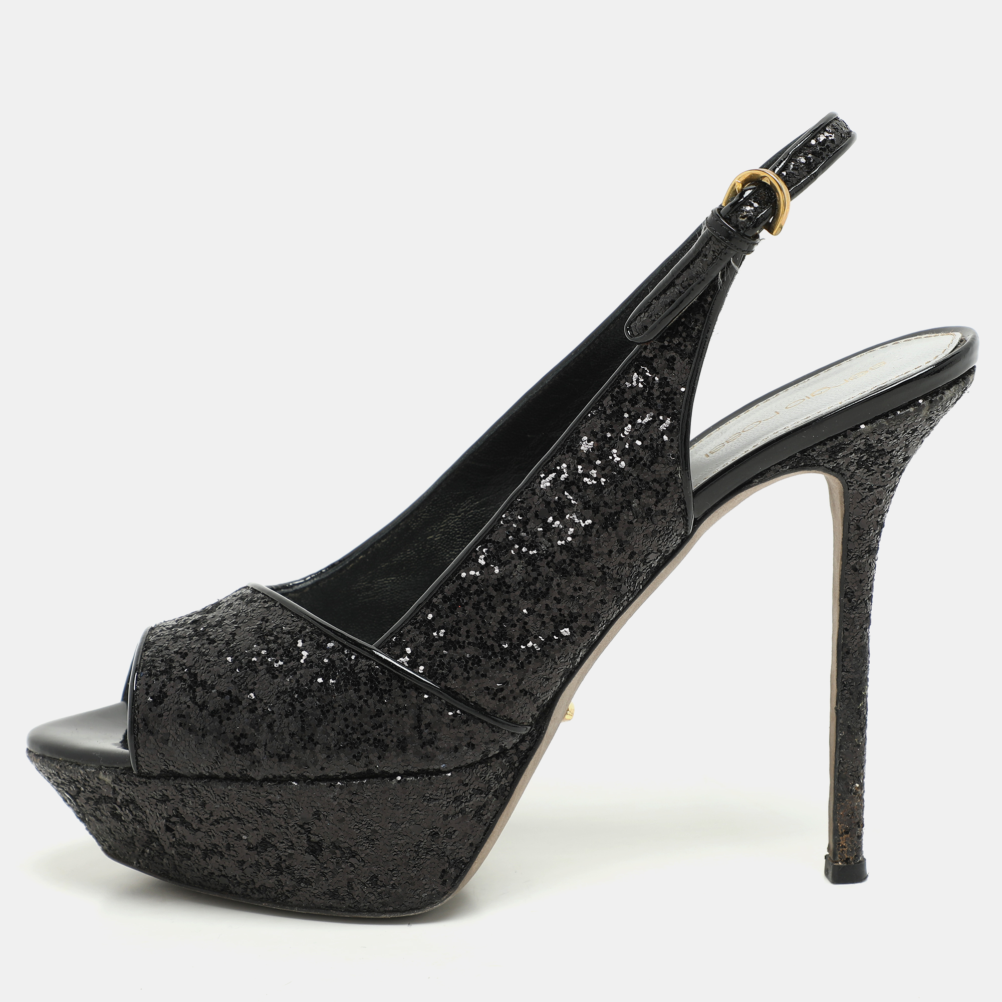 Sergio Rossi Metallic Black Glitter Slingback Platform Sandals Size 41, Sandals - Luxury Closet catalog