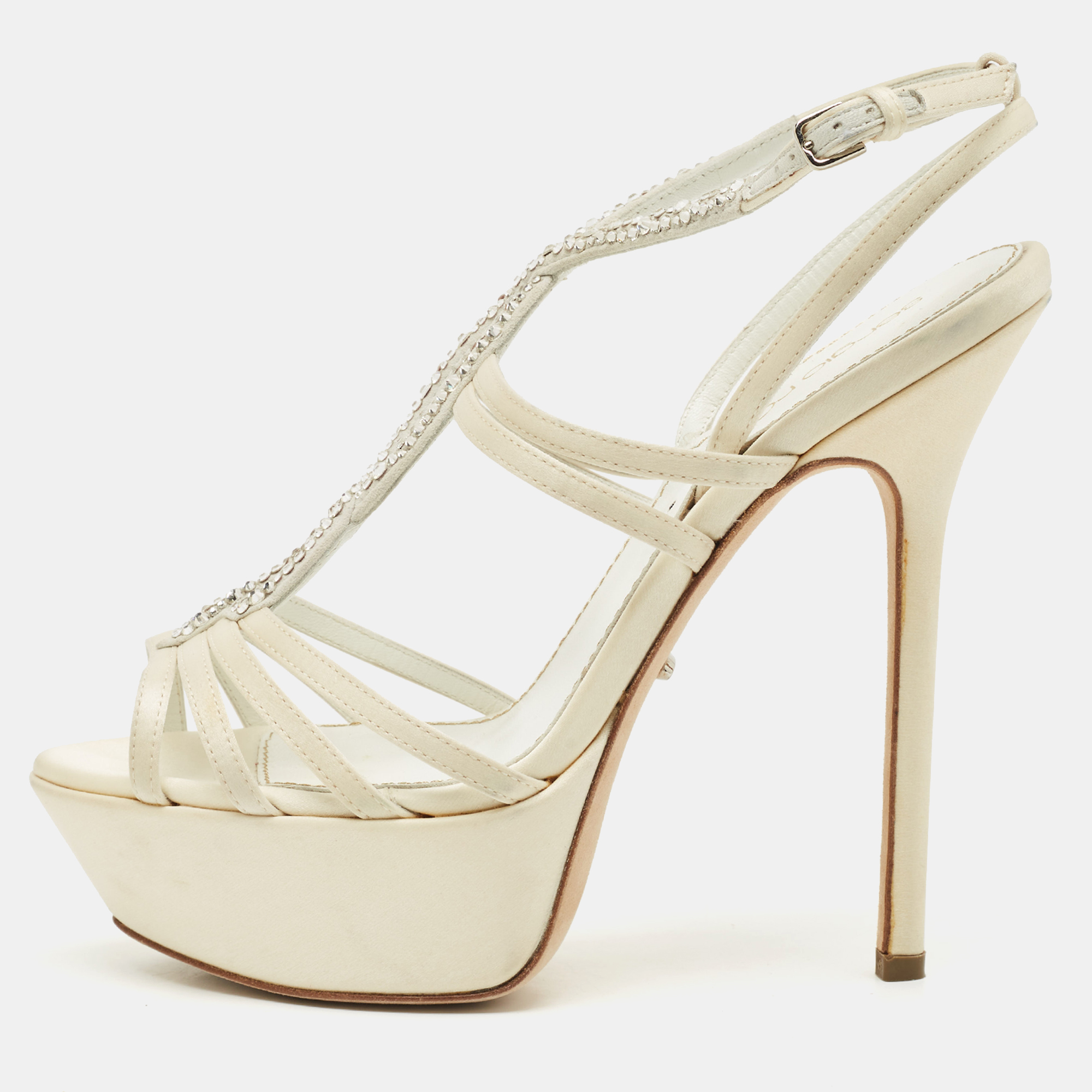 Sergio Rossi Cream Satin Crystal Embellished Platform Sandals Size 35.5, Sandals - Luxury Closet catalog