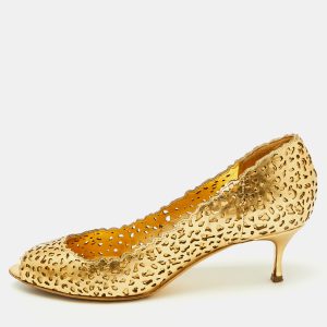 Sergio Rossi Metallic Gold Laser Cut Leather Open Toe Pumps Size 38.5, Pumps - Luxury Closet catalog