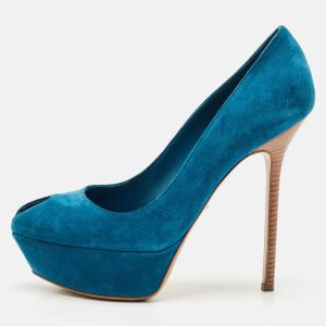 Sergio Rossi Blue Suede Peep Toe Platform Pumps Size 38.5, Pumps - Luxury Closet catalog