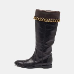 Sergio Rossi Black/Dark Brown Leather Chain Detail Calf Length Boots Size 35.5, Boots - Luxury Closet catalog