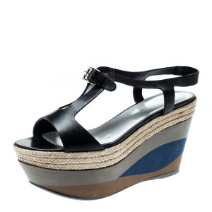 Sergio Rossi Black Leather Ankle Strap Wedge Sandals Size 36.5, Sandals - Luxury Closet catalog