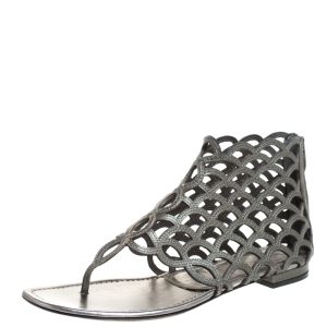 Sergio Rossi Metallic Grey Leather Cut Out Scalloped Flat Sandals Size 37.5, Flats - Luxury Closet catalog