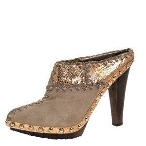 Sergio Rossi Beige Suede Stud Trim Wooden Platform Pointed Toe Mules Size 37.5, Sandals - Luxury Closet catalog