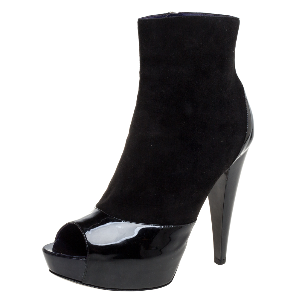 Sergio Rossi Black Suede And Patent Leather Peep Toe Platform Booties Size 39.5, Boots - Luxury Closet catalog