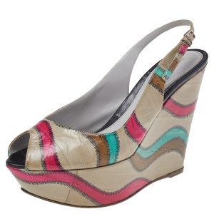 Sergio Rossi Multicolor Stitch Leather Platform Slingback Wedge Sandals Size 39, Sandals - Luxury Closet catalog