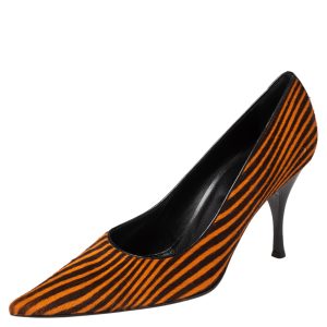 Sergio Rossi Orange/Brown Stripes Print Pony Hair Pointed Toe Pumps Size 41, Pumps - Luxury Closet catalog