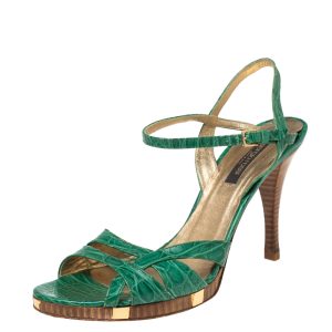 Sergio Rossi Green Croc Embossed Leather Ankle-Strap Sandals Size 41, Sandals - Luxury Closet catalog