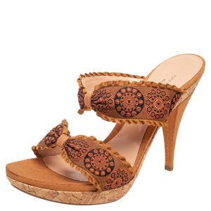 Sergio Rossi Mustard Brown Embroidered Fabric Double Bow Strap Slide Sandals Size 41, Sandals - Luxury Closet catalog