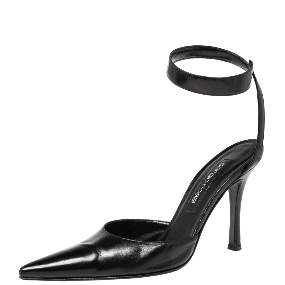 Sergio Rossi Black Leather Ankle Wrap Pointed-Toe Pumps Size 37.5, Pumps - Luxury Closet catalog
