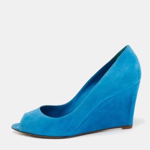 Sergio Rossi Blue Suede Peep Toe Wedge Pumps Size 40.5, Pumps - Luxury Closet catalog