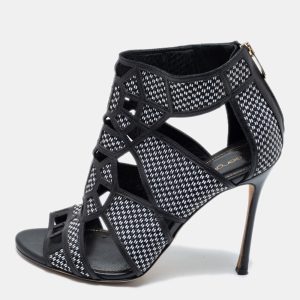 Sergio Rossi Black/White  Woven Straw And Leather Cutout Ankle Boots Size 36, Boots - Luxury Closet catalog