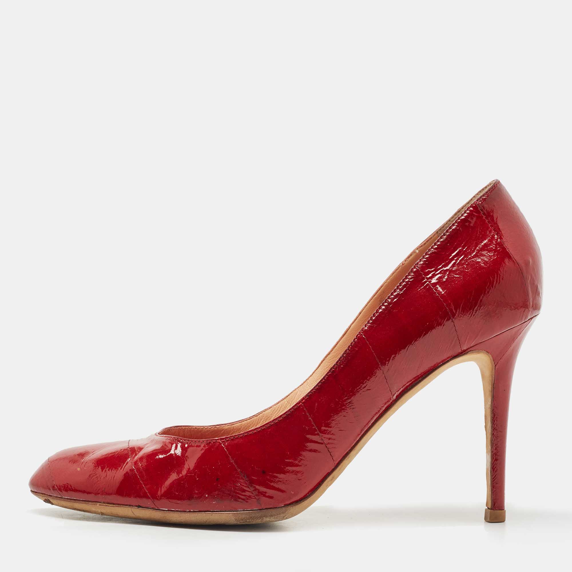 Sergio Rossi Dark Red Patent Eel Leather Round Toe Pumps Size 40.5, Pumps - Luxury Closet catalog