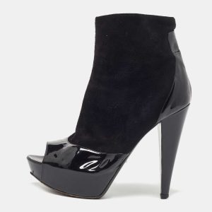 Sergio Rossi Black Patent And Suede Leather Baltimora Peep Toe Platform Ankle Boots Size 39.5, Boots - Luxury Closet catalog