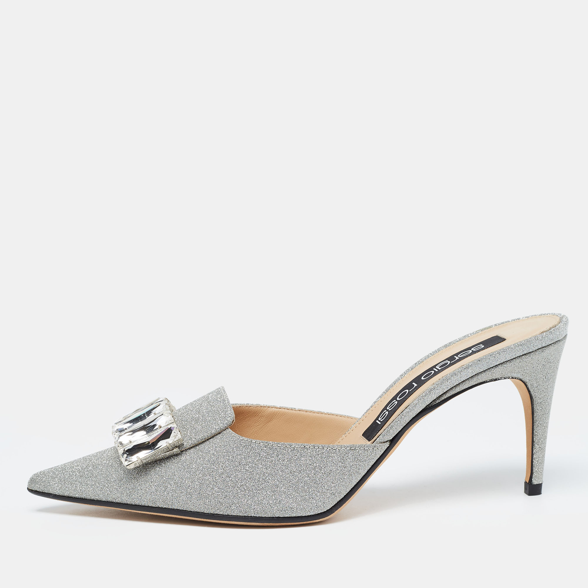 Sergio Rossi Silver Glitter Crystal Embellished Mules Size 40, Sandals - Luxury Closet catalog