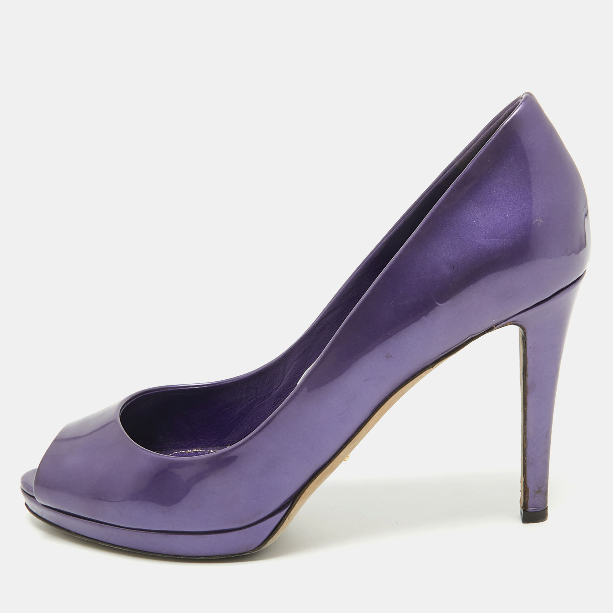 Sergio Rossi Purple Patent Leather Peep Toe Platform Pumps Size 38.5, Pumps - Luxury Closet catalog