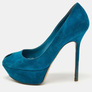 Sergio Rossi Blue Suede Peep Toe Platform Pumps Size 37.5, Pumps - Luxury Closet catalog