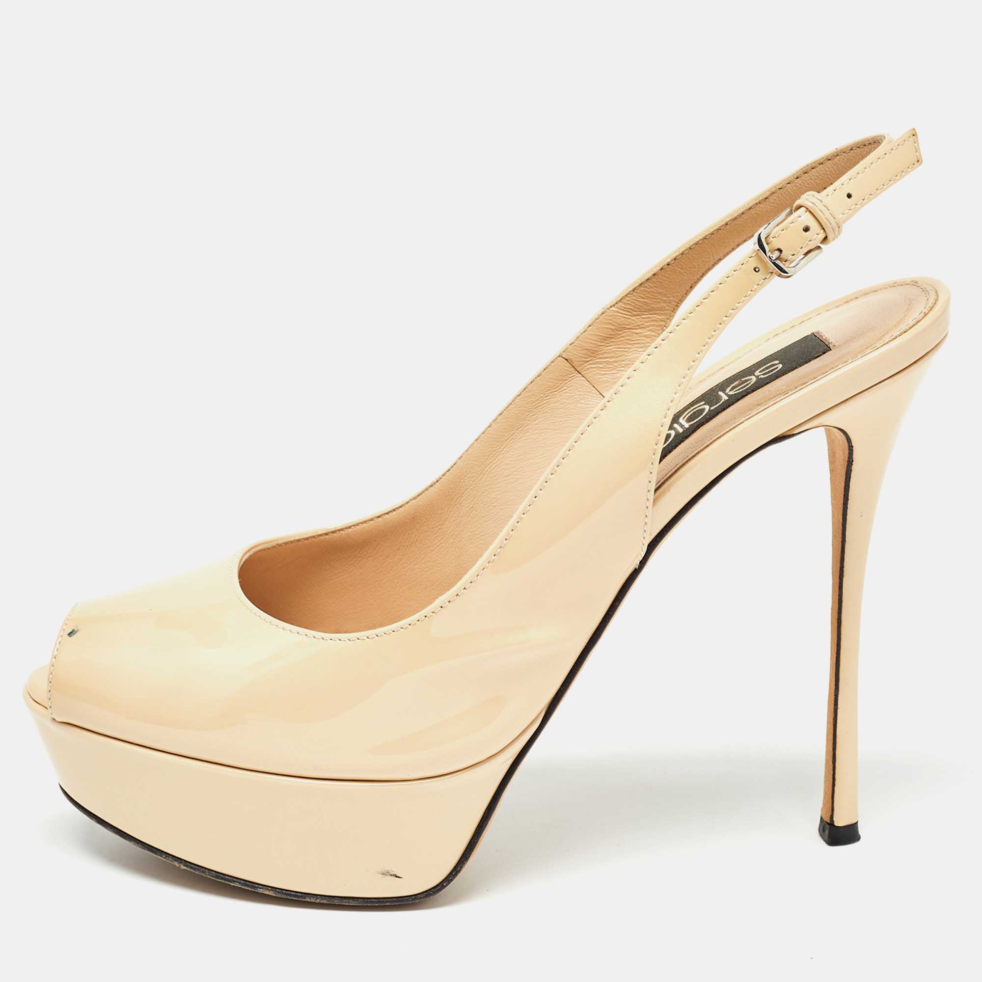 Sergio Rossi Beige Patent Leather Peep Toe Slingback Pumps Size 36, Pumps - Luxury Closet catalog