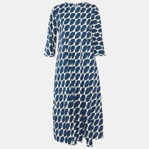 S'Max Mara Navy Blue Geometric Print Cotton Pleated Long Dress M, Dresses - Luxury Closet catalog