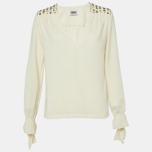 Sonia by Sonia Rykiel Cream Crepe Embellished V-Neck Top M, Shirts & Tops - Luxury Closet catalog