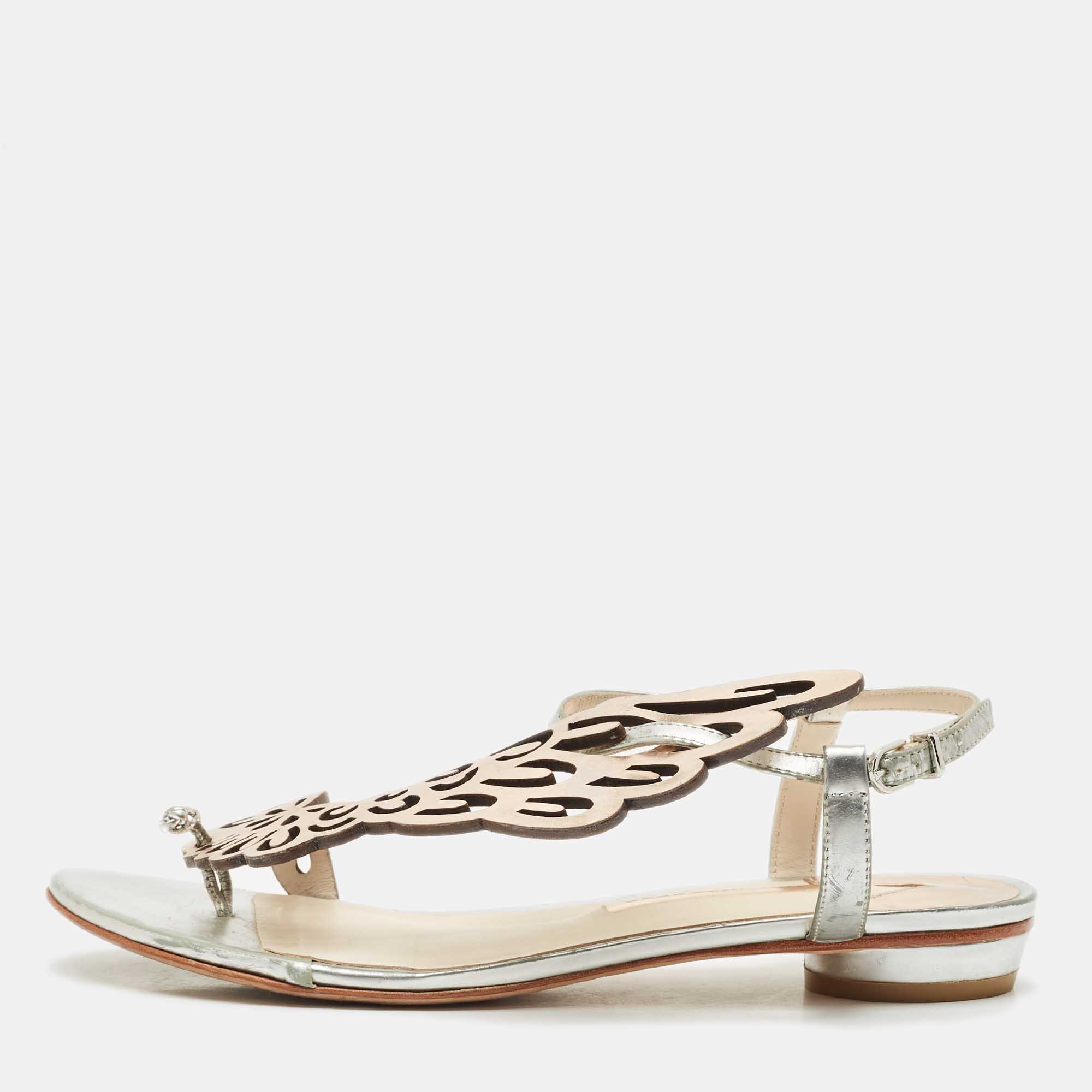 Sophia Webster Silver/Rose Gold Leather Seraphina Flat Sandals Size 39, Sandals - Luxury Closet catalog