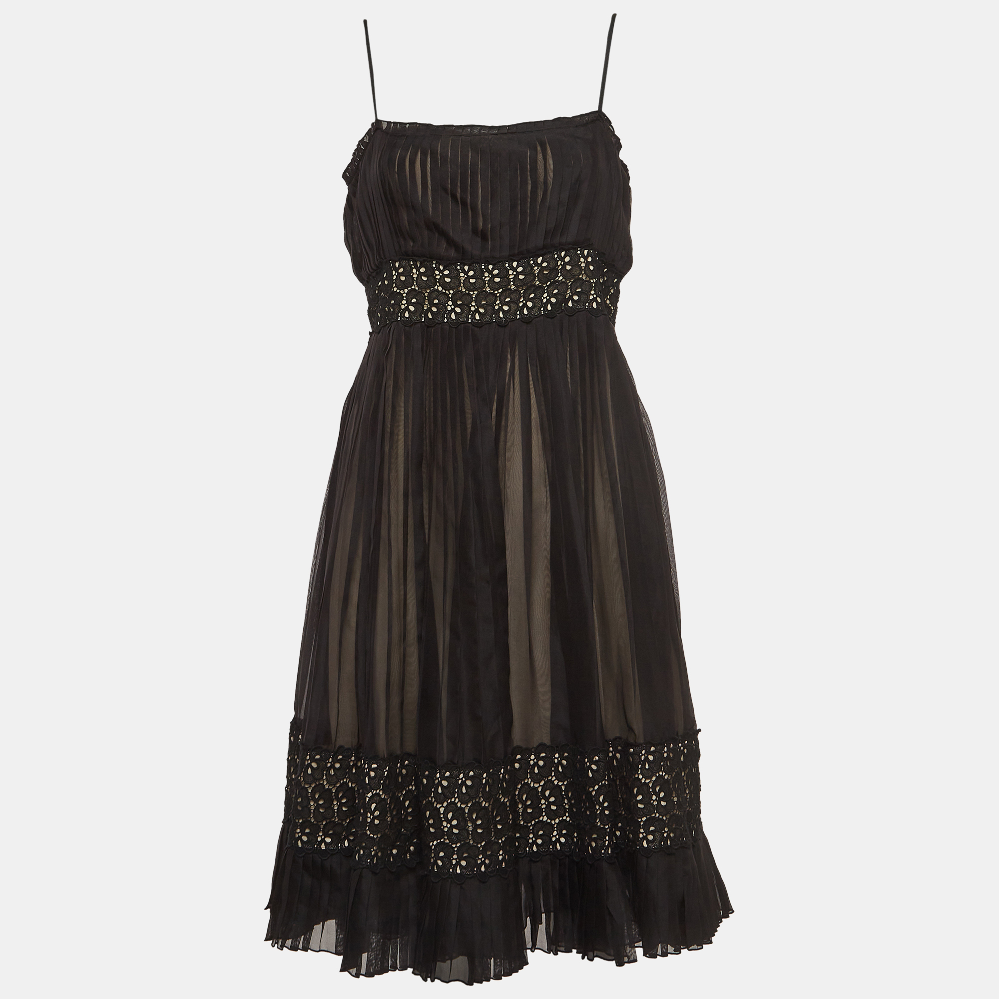 Sportmax Black Lace Trim Silk Pleated Midi Empire Dress L, Dresses - Luxury Closet catalog