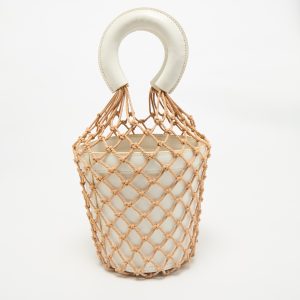 Staud White/Brown Woven and Leather Moreau Bucket Bag, Handbags - Luxury Closet catalog