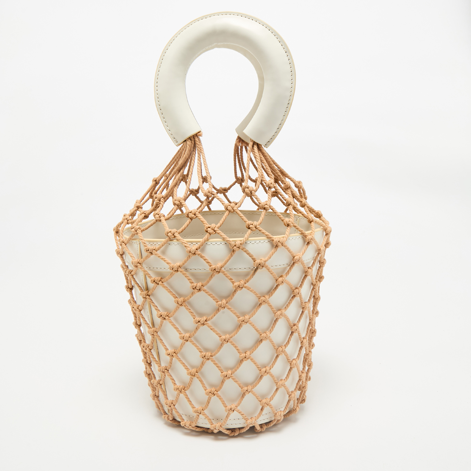 Staud White/Brown Woven and Leather Moreau Bucket Bag, Handbags - Luxury Closet catalog
