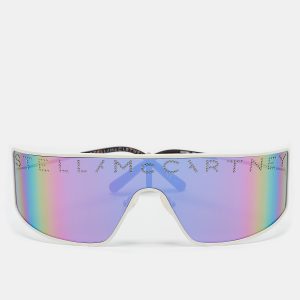 Stella McCartney White Tone/Multicolor Mirrored SC0196S Logo Studded Mask Sunglasses, Sunglasses - Luxury Closet catalog