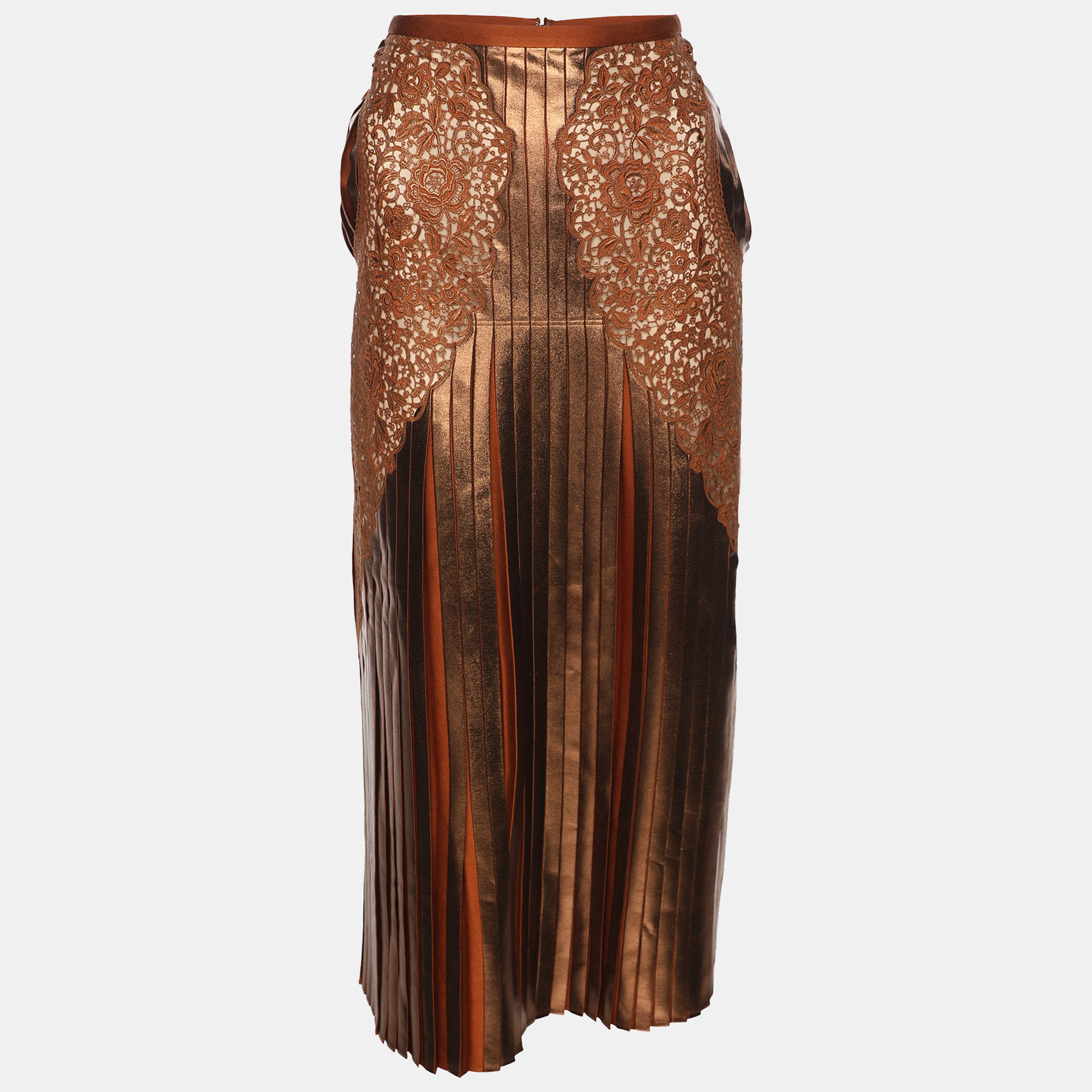 Stella McCartney Metallic Brown Crepe Pleated and Lace Midi Skirt S, Skirts - Luxury Closet catalog