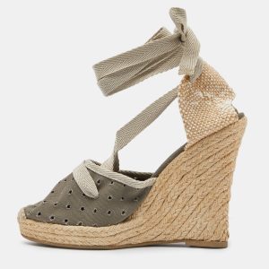 Stella McCartney Grey Fabric and Canvas Ankle Wrap Wedge Pumps Size 39, Pumps - Luxury Closet catalog